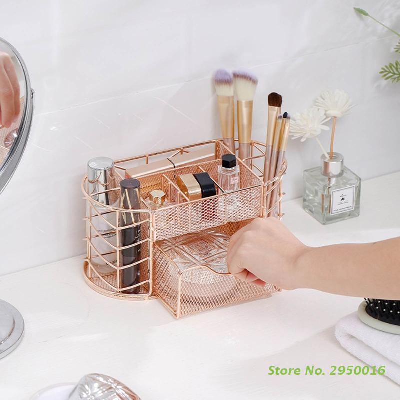 Iron Wire Desk Pen HolderDrawer Metal Makeup Display Holder Skincare Caddy Multi-functional Home Office Desk Organizer